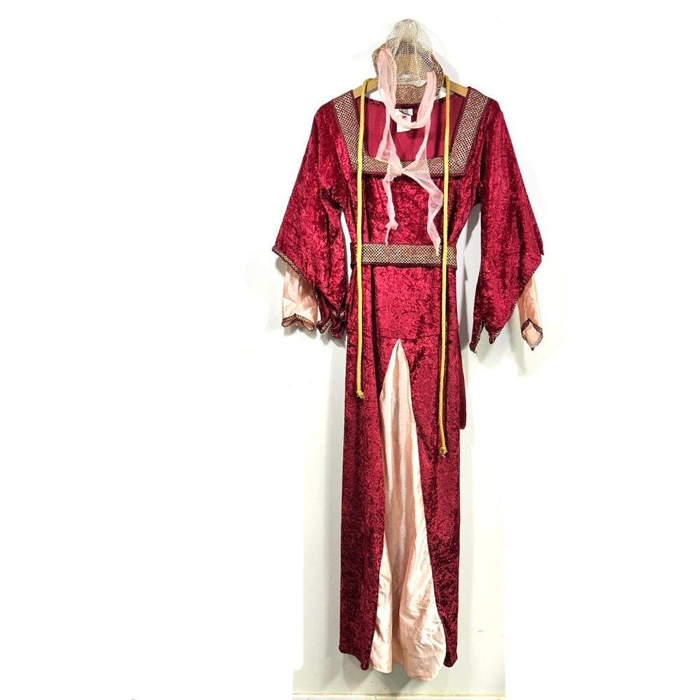Renaissance Gown Burgundy Gold Velveteen 4pc Ladies Shakespearean Dress One Size